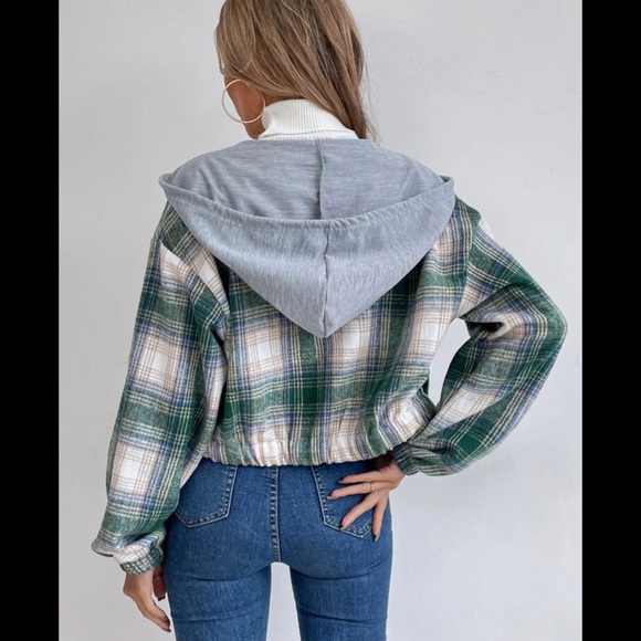 Shein Tartan Print Drop Shoulder Drawstring Hooded Crop Overcoat Size XL - Picture 3 of 9